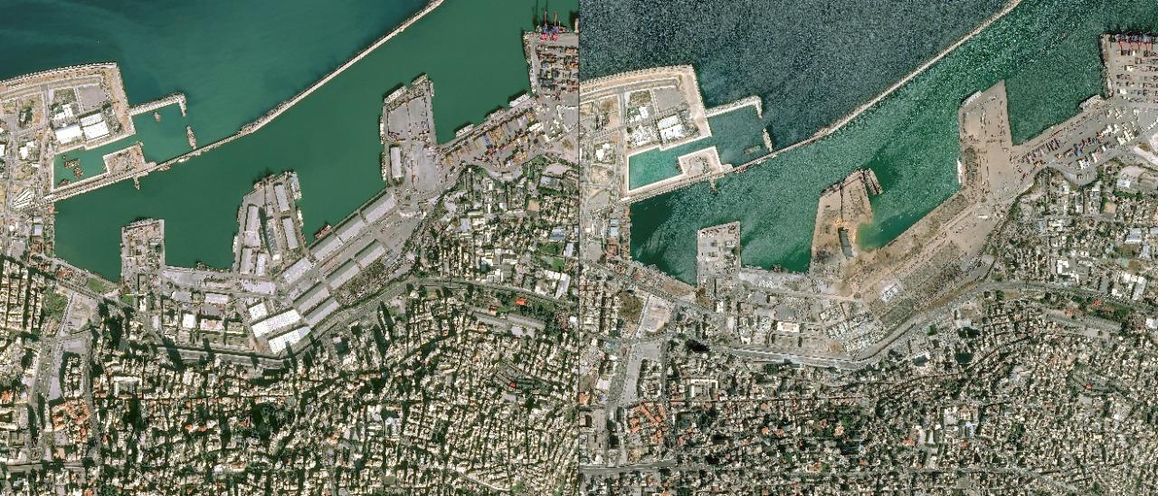 Imagem da zona portuária de Beirute antes e depois da explosão