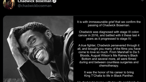 Tuíte na conta do oficial de Chadwick Boseman
