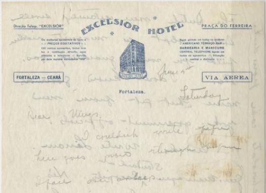 Carta escrita por Amelia Earhart a Mugs, em 5 de junho de 1937, em papel timbrado do Hotel Excelsior