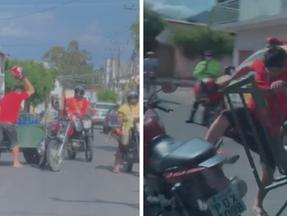 Montagem de fotos de homem quebrando moto em rua de Itapipoca