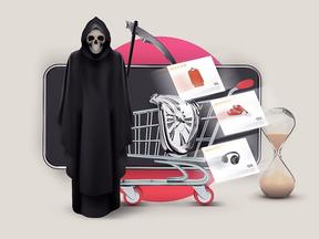 Imagem mostra representações da morte junto a elementos de consumo, como roupas e acessórios