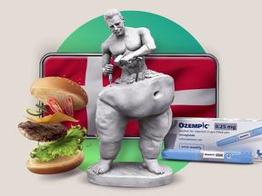 Montagem de um homem aplicando o remédio ozempic em um corpo misto entre obeso e magro