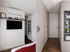 Neste dormitório reformado pela arquiteta Danyela Corrêa, a marcenaria designou o caminho para a entrada do banheiro e se tornou um closet com armários dos dois lados