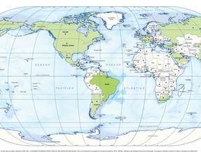 Mapa-múndi mostra o Brasil no centro do globo