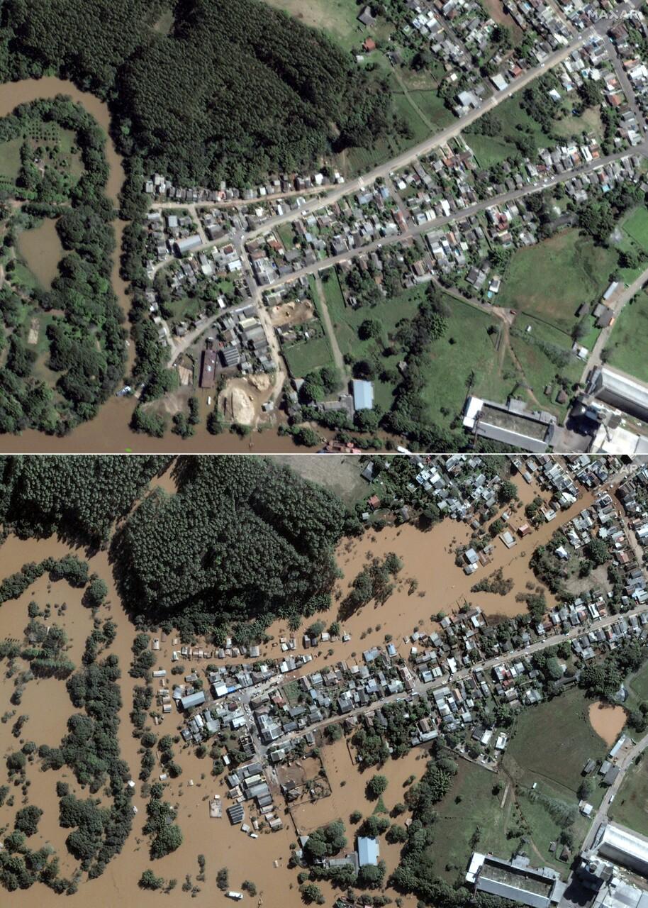 Antes e depois de município de Taquari após enchentes no Rio Grande do Sul