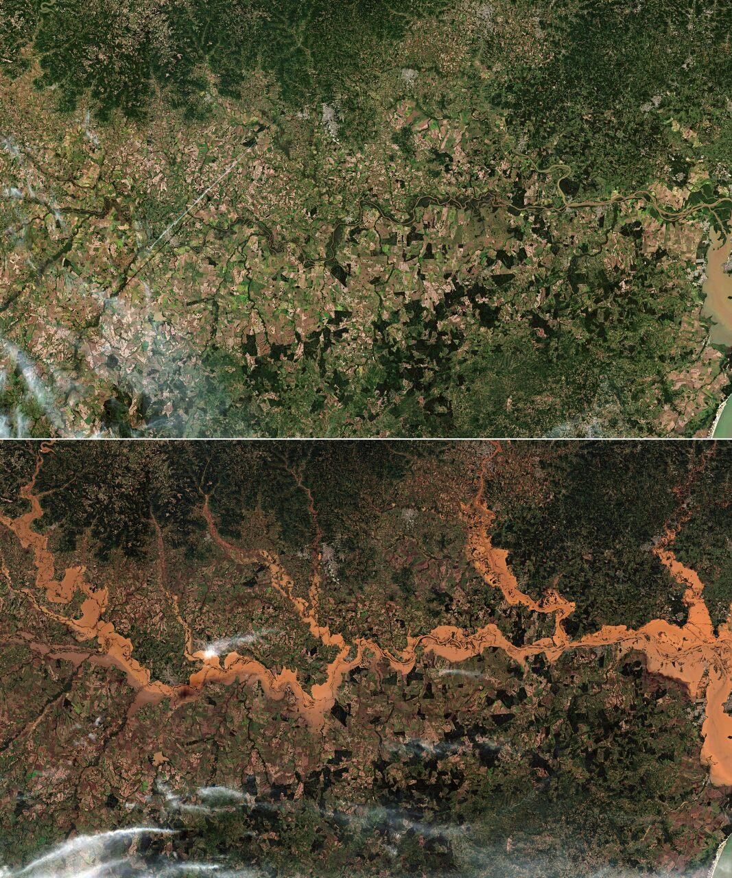 Imagem mostra antes e depois de rio Jauí após enchentes históricas do Rio Grande do Sul
