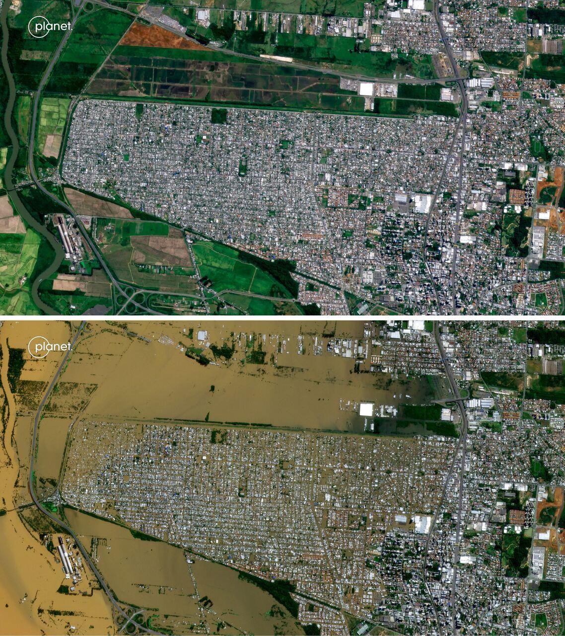 Imagem mostra antes e depois de Porto Alegre após enchentes históricas no Rio Grande do Sul