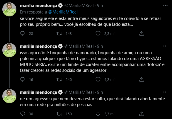 Print do tuítes de Marília Mendonça contra o DJ Ivis