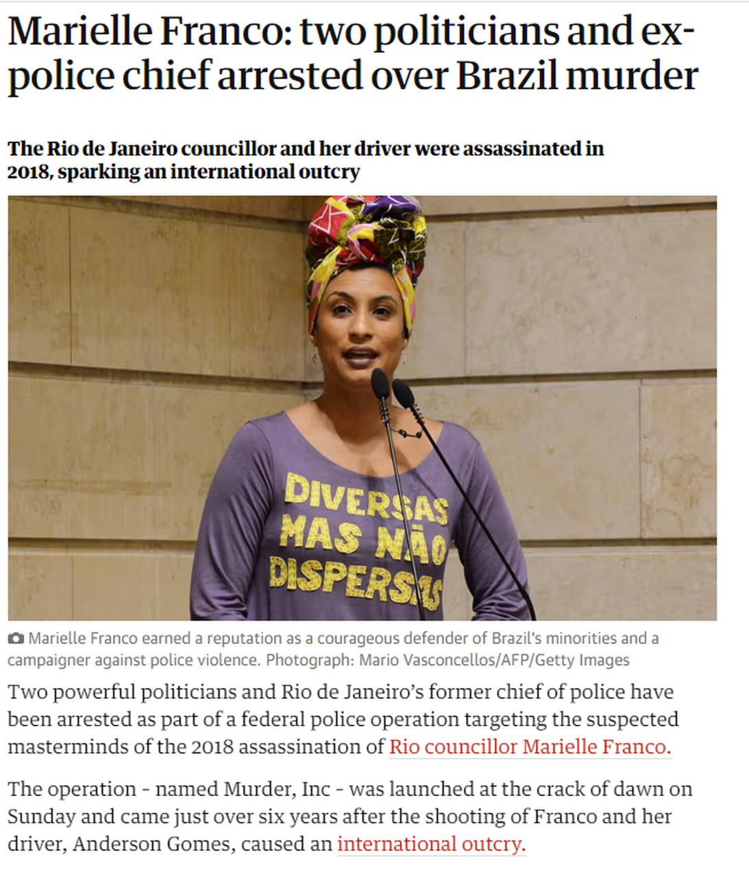 jornal the guardian publicando matéria sobre a prisão dos mandantes da morte de marielle