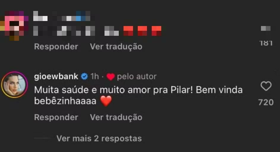 Comentário de Gioh Ewbank sobre Pilar, filha de Fernanda Paes Leme