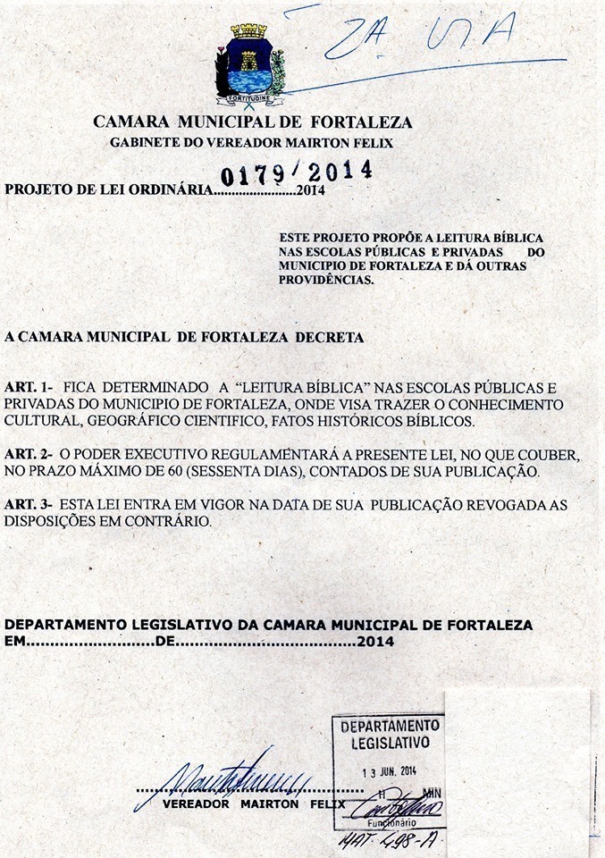 Segundo o autor do projeto, vereador Mairton Félix, objetivo da proposição é aproximar as pessoas de Deus. FOTO: REPRODUÇÃO FACEBOOK