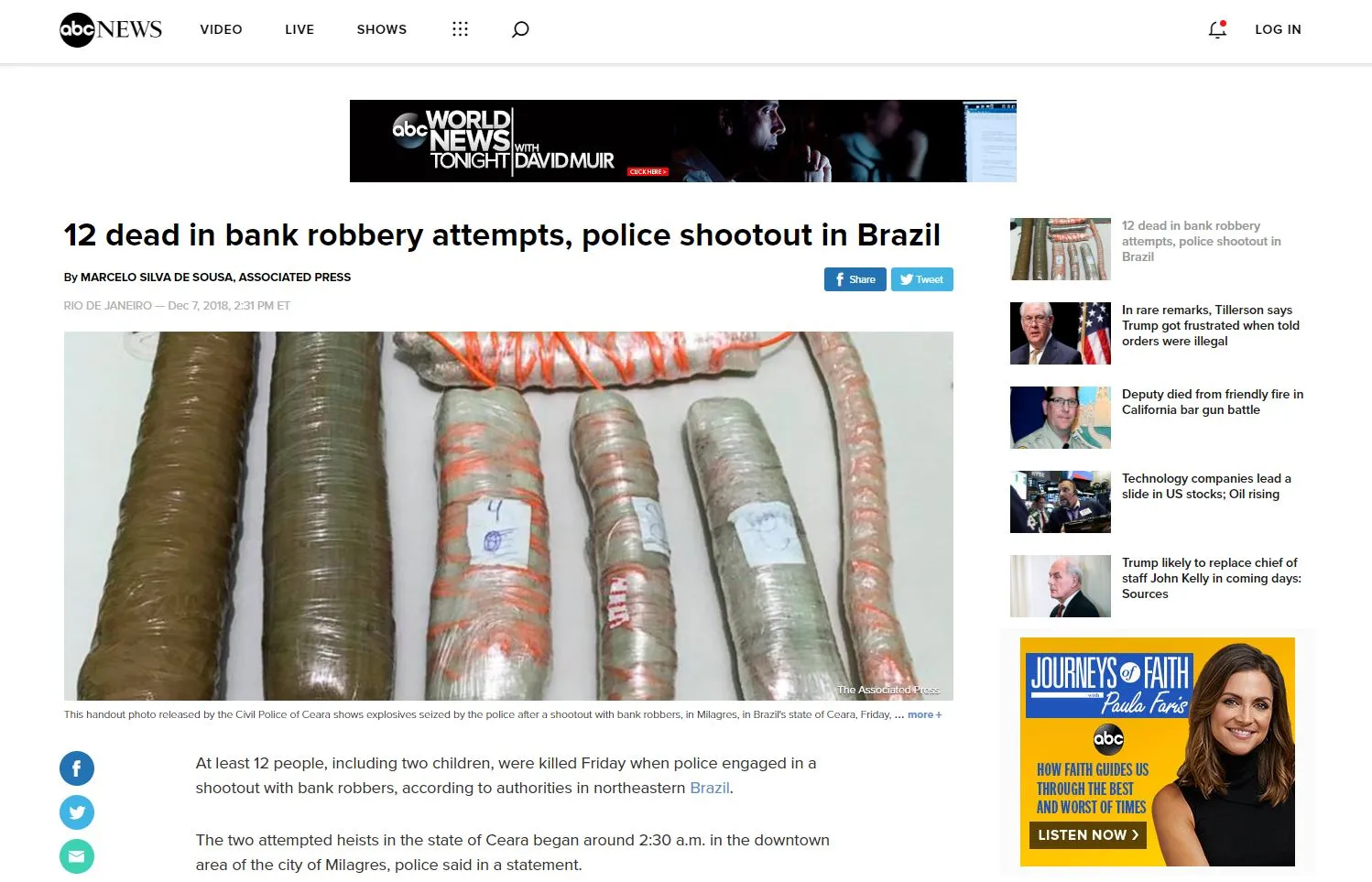 TV americana ABC mostrou foto dos explosivos apreendidos em Milagres