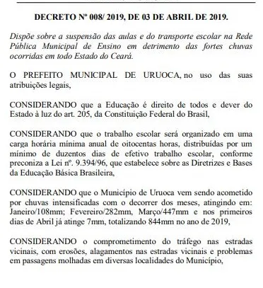 Decreto assinado pelo prefeito na última quarta-feira (3) suspende aulas e transporte escolar a partir de hoje (4)