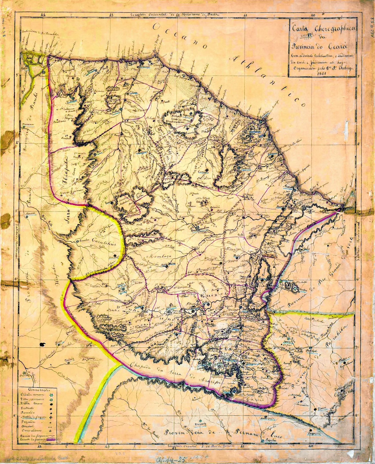 Carta cartográfica da Província do Ceará, em 1861, antes de se ceder ao Piauí uma saída para o mar (no noroeste do mapa, localidade de Armação, hoje município piauiense de Luís Correia) e de se anexar as terras de Crateús (oeste) ao Ceará