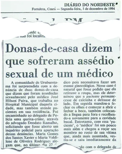 Fac-símile da edição do Diário do Nordeste, de 1994, registra denúncias de mulheres que teriam sido abusadas pelo médico