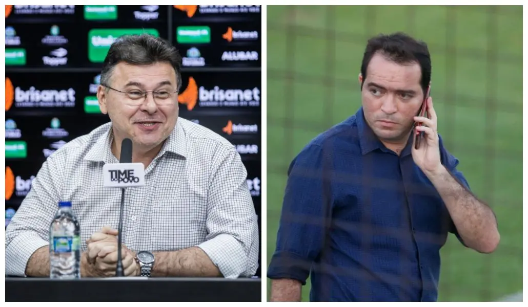 Robinson de Castro sorridente em entrevista, Marcelo Paz preocupado falando ao telefone