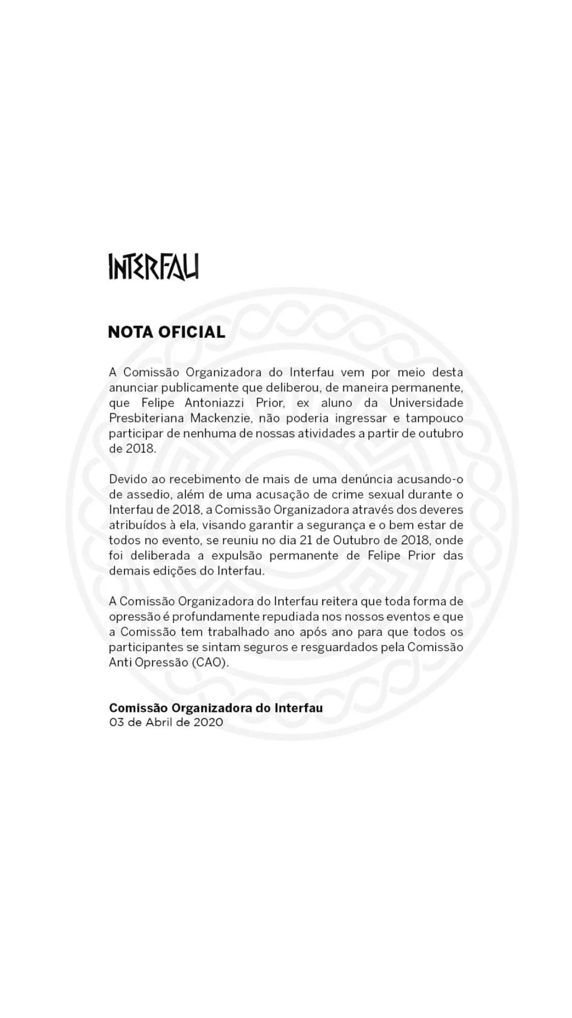Organização do InterFAU se manifesta após acusações a Felipe Prior