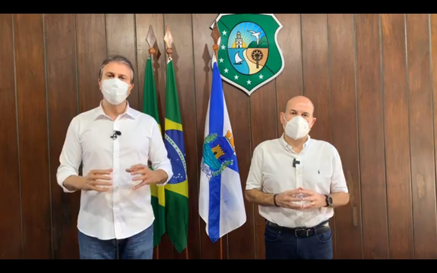 Frame da transmissão do anúncio do governador Camilo Santana e do prefeito Roberto Cláudio