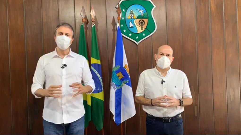 Frame da transmissão do anúncio do governador Camilo Santana e do prefeito Roberto Cláudio