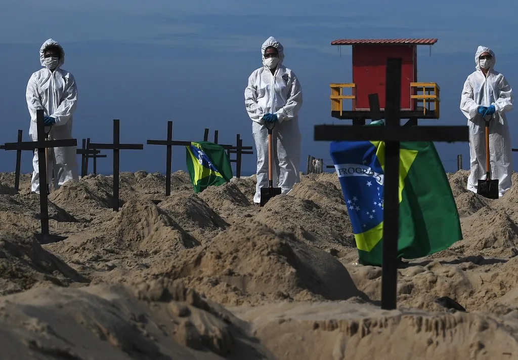 Protesto de ONG em homenagem às vítimas da Covid-19, na praia de Copacabana, no Rio de Janeiro