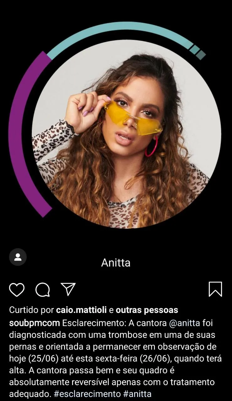 Post em rede social da cantora