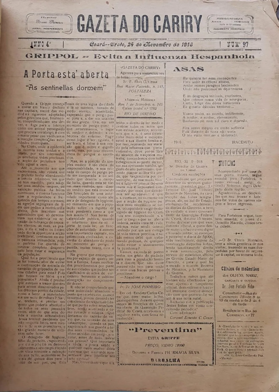 Jornais da época retratam como a gripe espanhola atingiu o Sul do Estado
