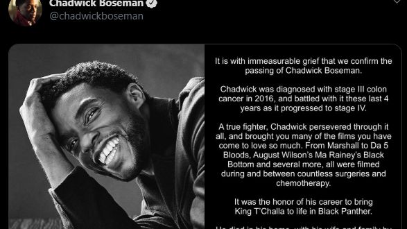 Tuíte na conta do oficial de Chadwick Boseman