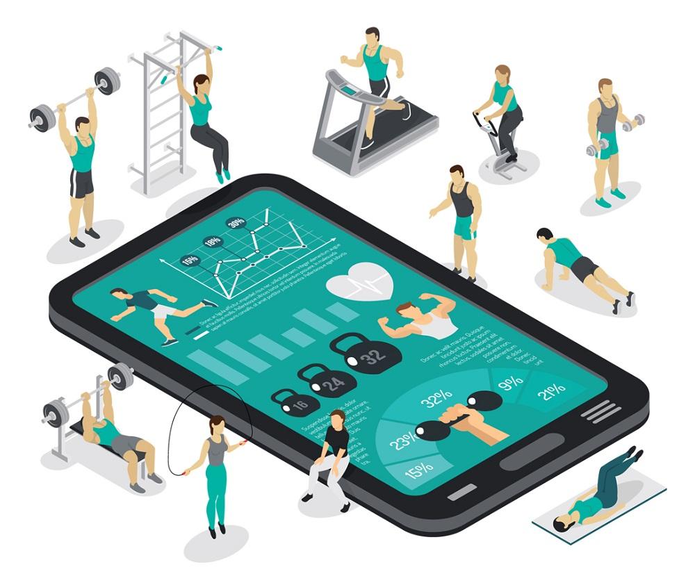 Ilustração de uma tela de celular com imagem de treino online.