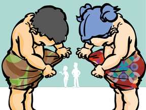 Ilustração mostra duas crianças descobrindo o próprio corpo.