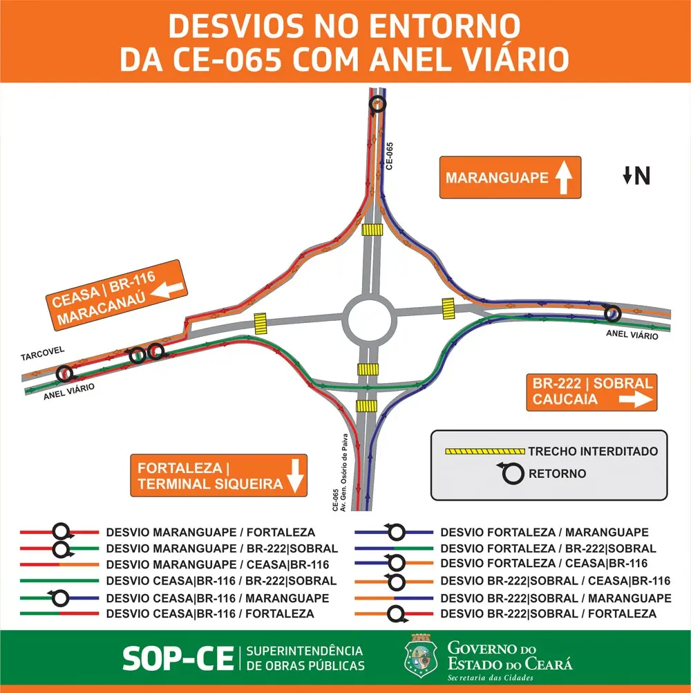 Imagem da notícia Trecho em obras entre a CE-065 e o Anel Viário sofre novo desvio nesta quarta-feira; veja mapa
