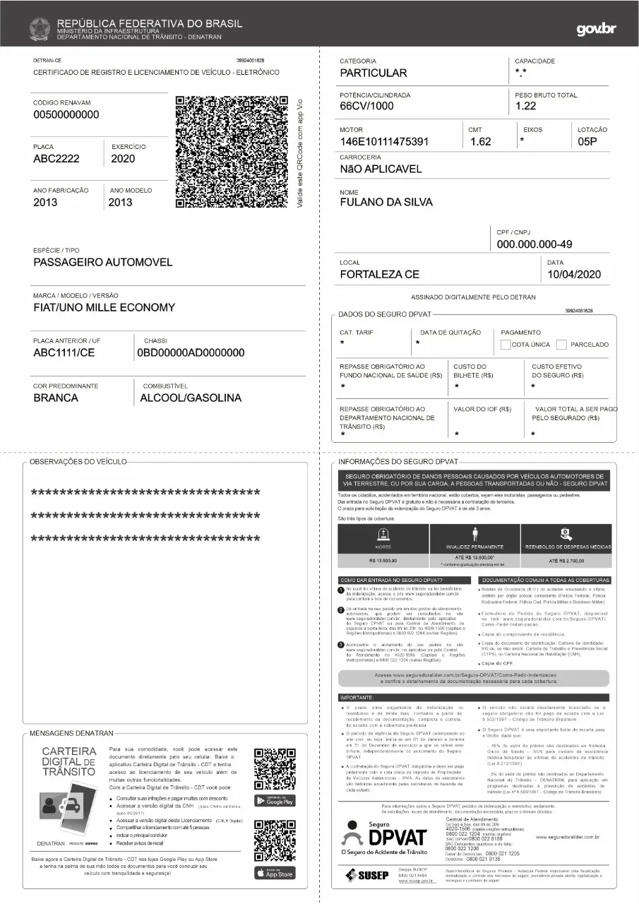 Novo CRLV não é emitido em papel moeda e pode ser impresso em casa.