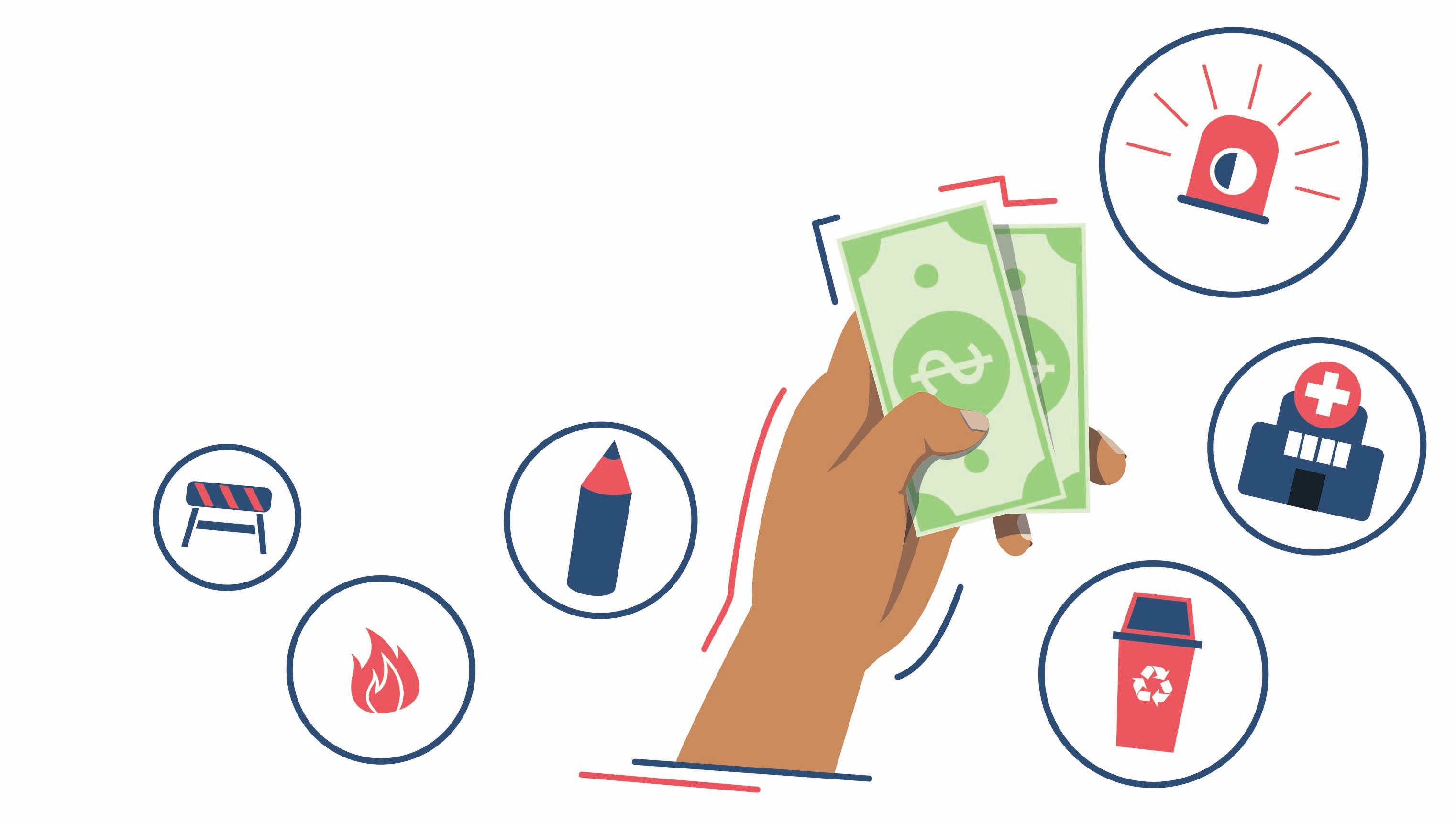 Desenho de uma mão segurando cédulas de dinheiro.