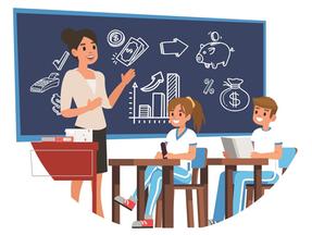 Ilustração de professor em sala de aula falando sobre educação fiscal aos alunos