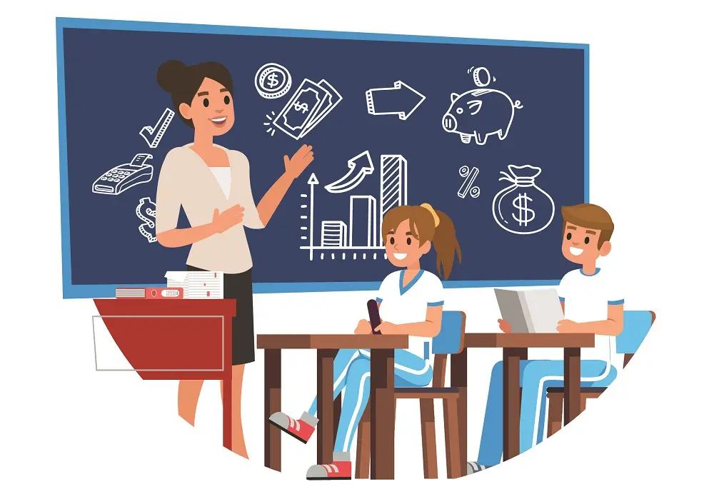 Ilustração de professor em sala de aula falando sobre educação fiscal aos alunos