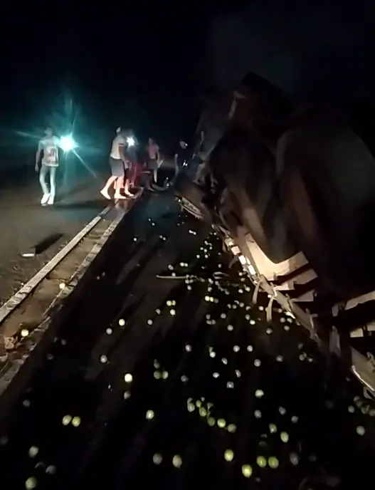 A população filmou o caminhão tombado na via logo após o acidente