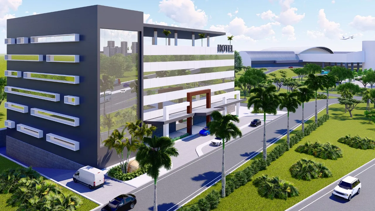 Maquete simula localização e perfil do hotel, que ficaria ao lado oeste do Aeroporto