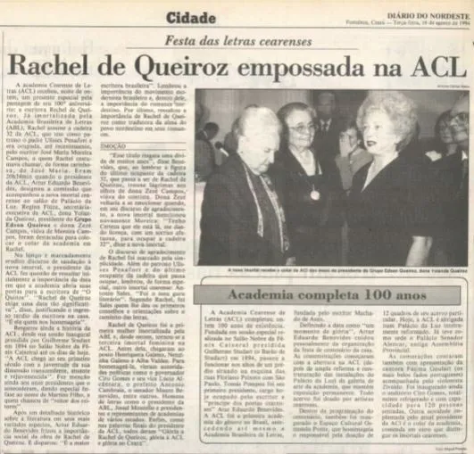 Jornal Diário do Nordeste noticia a posse da escritora Rachel de Queiroz na Academia Cearense de Letras, em edição do dia 16 de agosto de 1994