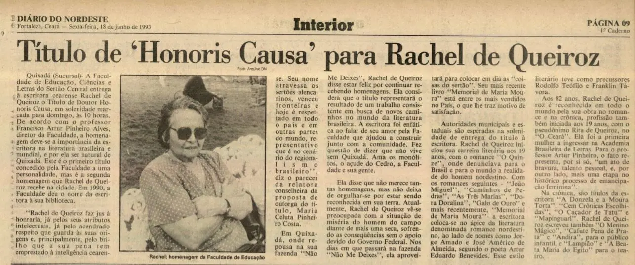 Notícia do título de Honoris Causa de Rachel pela UECE Quixadá