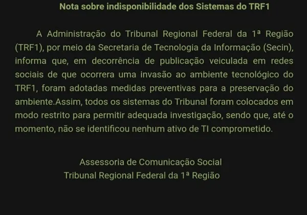 Nota do TRF-1 sobre ataque hacker a sistemas