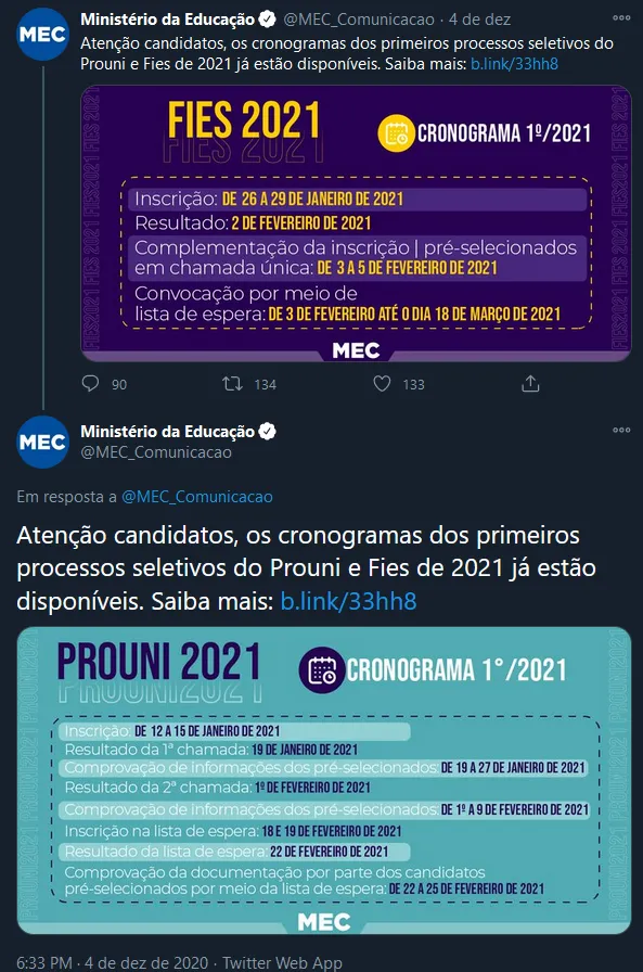 Anúncio foi feito pelo Ministério da Educação em uma rede social na última sexta-feira