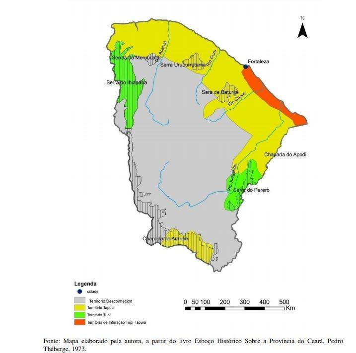 Tese localiza territórios indígenas no Ceará, nos séculos XVI e XVII (17). Em amarelo, o território Tapuia. Em verde, o território Tupi. Em vermelho, território de interação Tupi-Tapuia