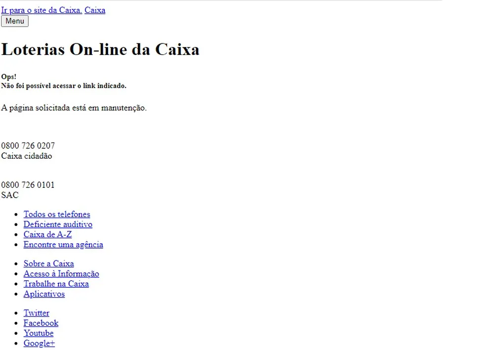 Falha no site Loterias da Caixa