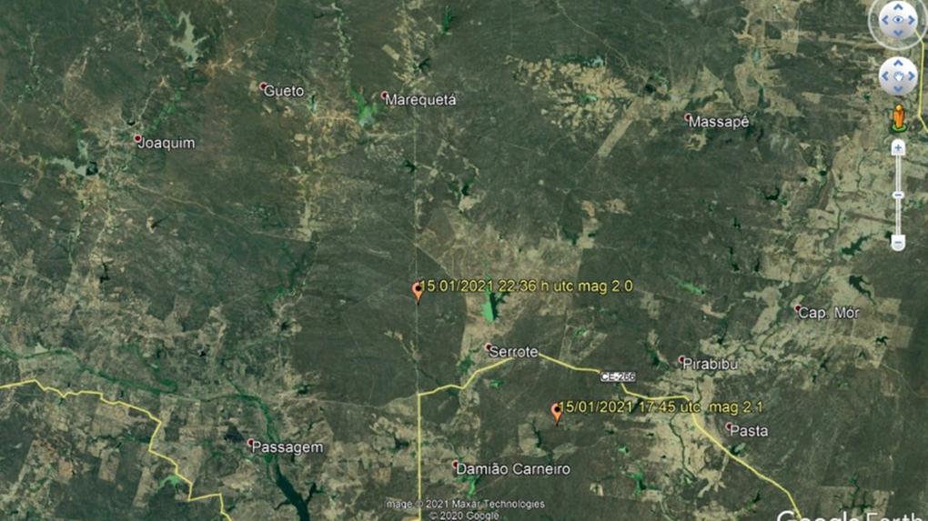 Região epicentral dos dois tremores de terra que atingiram Quixeramobim