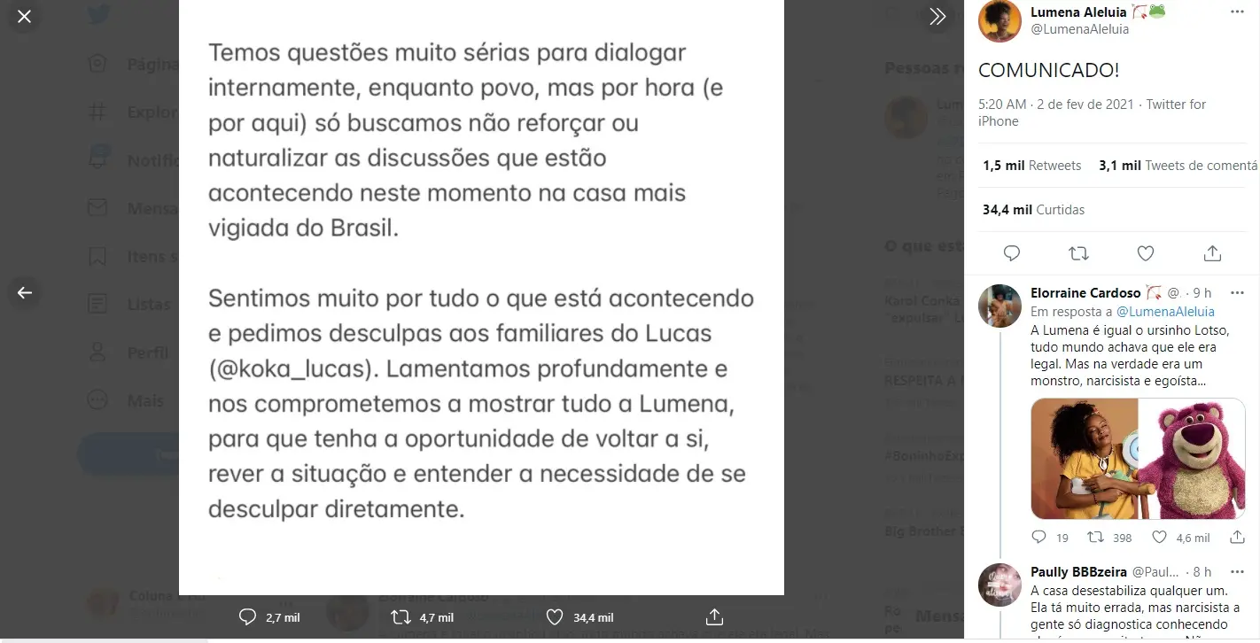 Publicação realizada no perfil de Lumena
