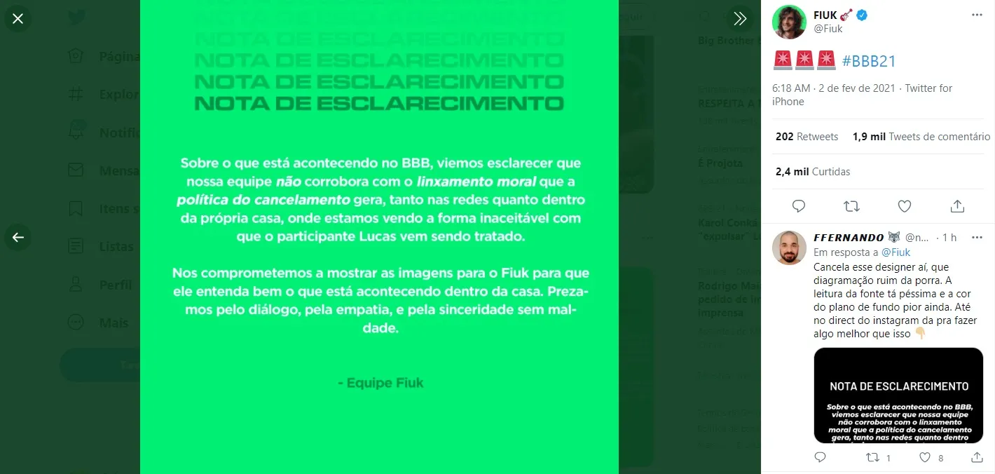 Posicionamento de Fiuk em rede social