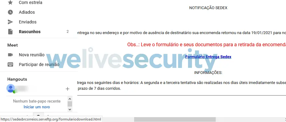 E-mail com instruções para o resgate da suposta encomenda