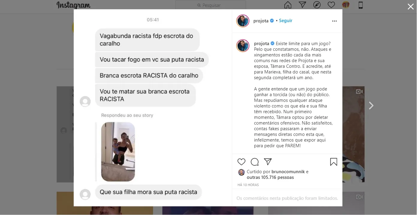 Mensagem publicada em rede social de Projota