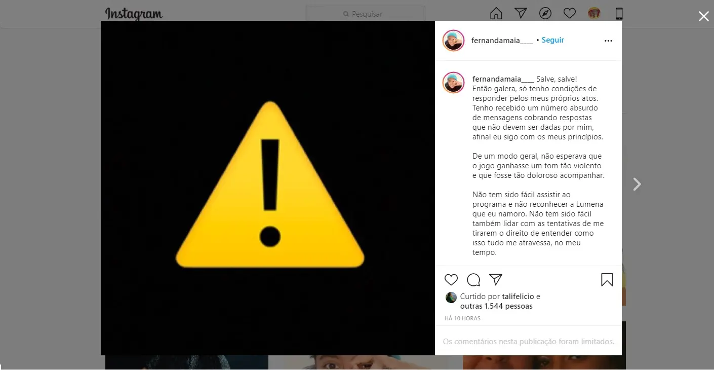 Post de Fernanda Maia em rede social