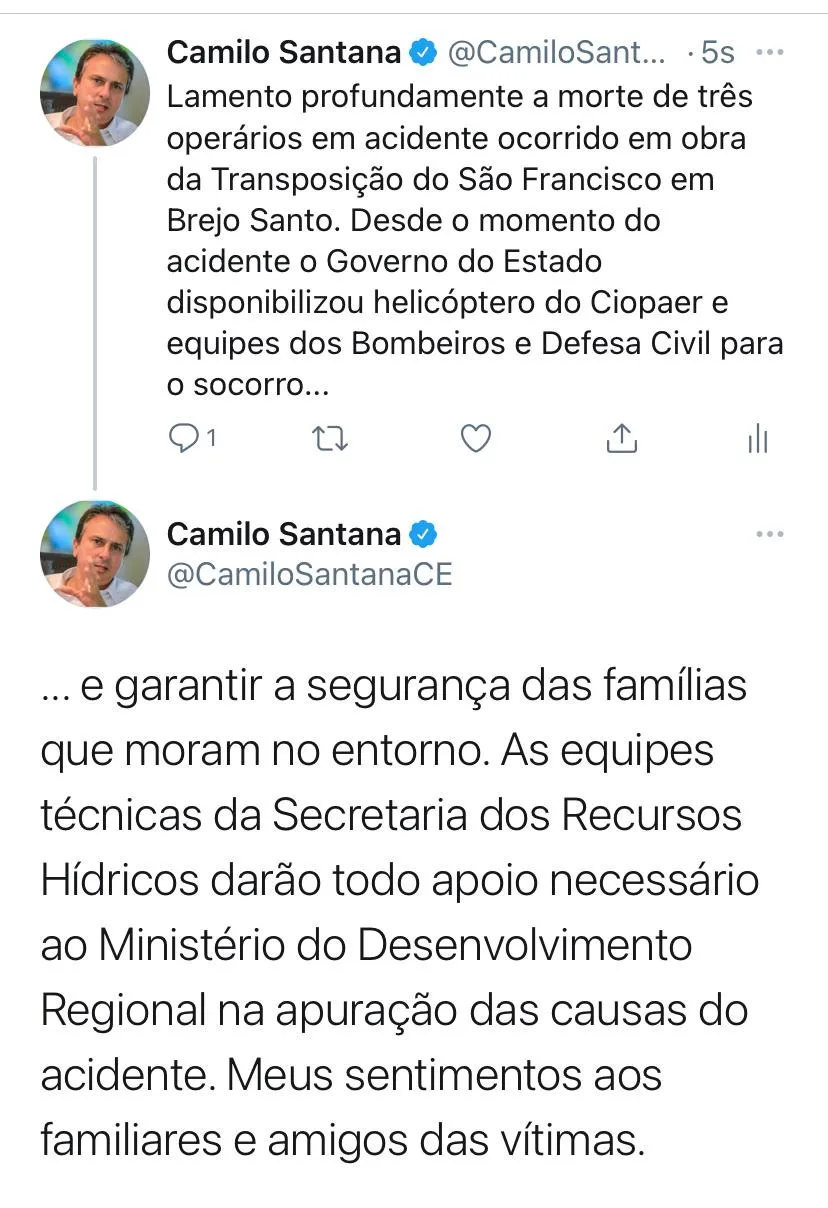 O governador Camilo Santana lamentou o acidente nas redes sociais e