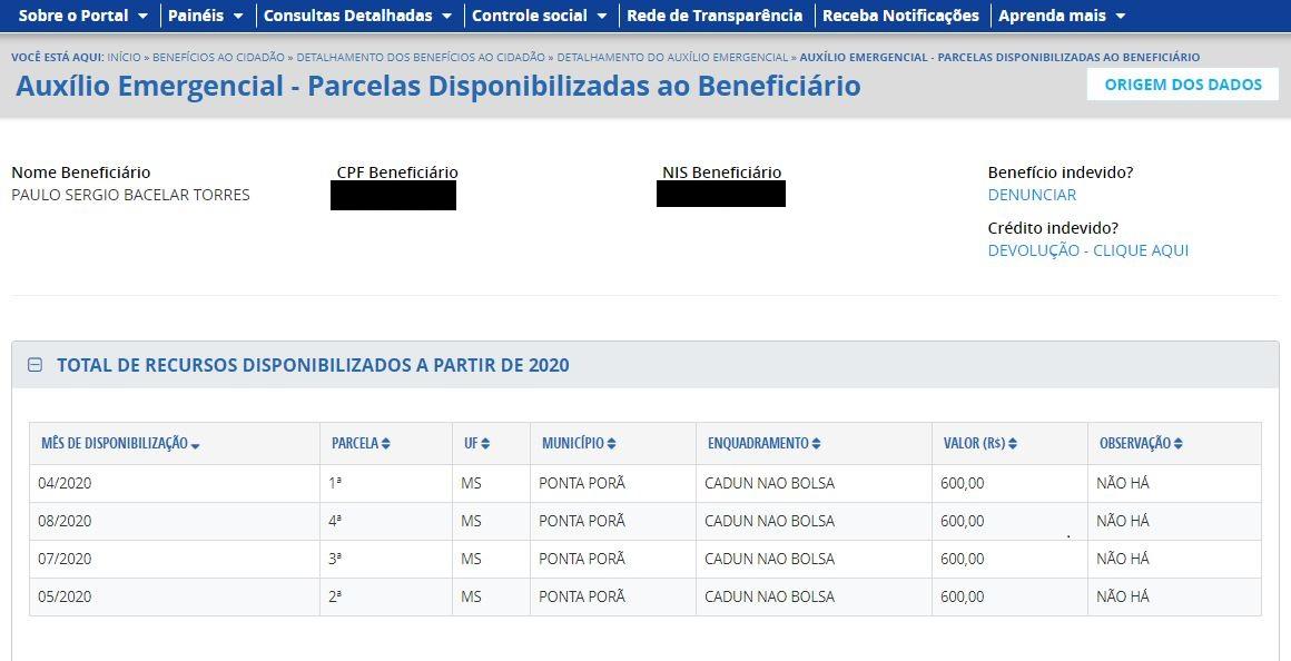 Pagamento do auxílio-emergencial a Paulo Sérgio é detalhado no site do Portal da Transparência